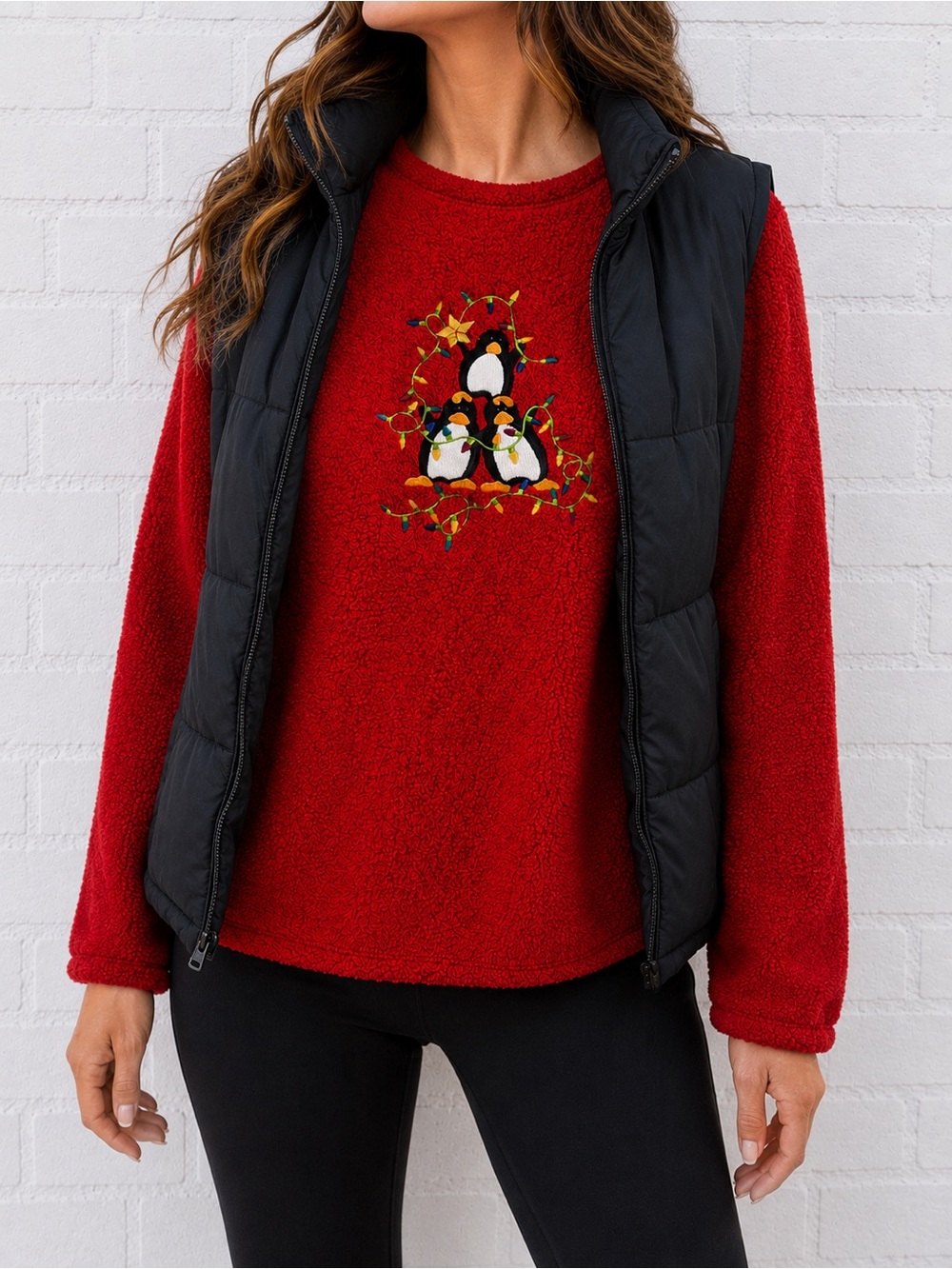Christopher & Banks 2007 Penguin Christmas Sweater Red XL Embroidered Holiday